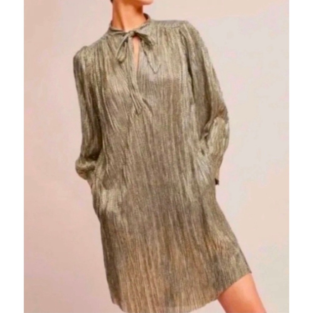 Anthropologie Sabina Musayev Gold Metallic Plisse Tie Neck Dress Long Sleeve S